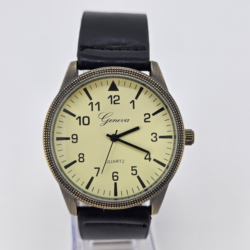 Men's Analog Watch 42MM Cream Dial Black Faux Leather Bands New Battery